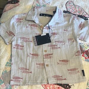 Ben Sherman Beige Short-Sleeve Button-Down Shirt with Rust Fish Print